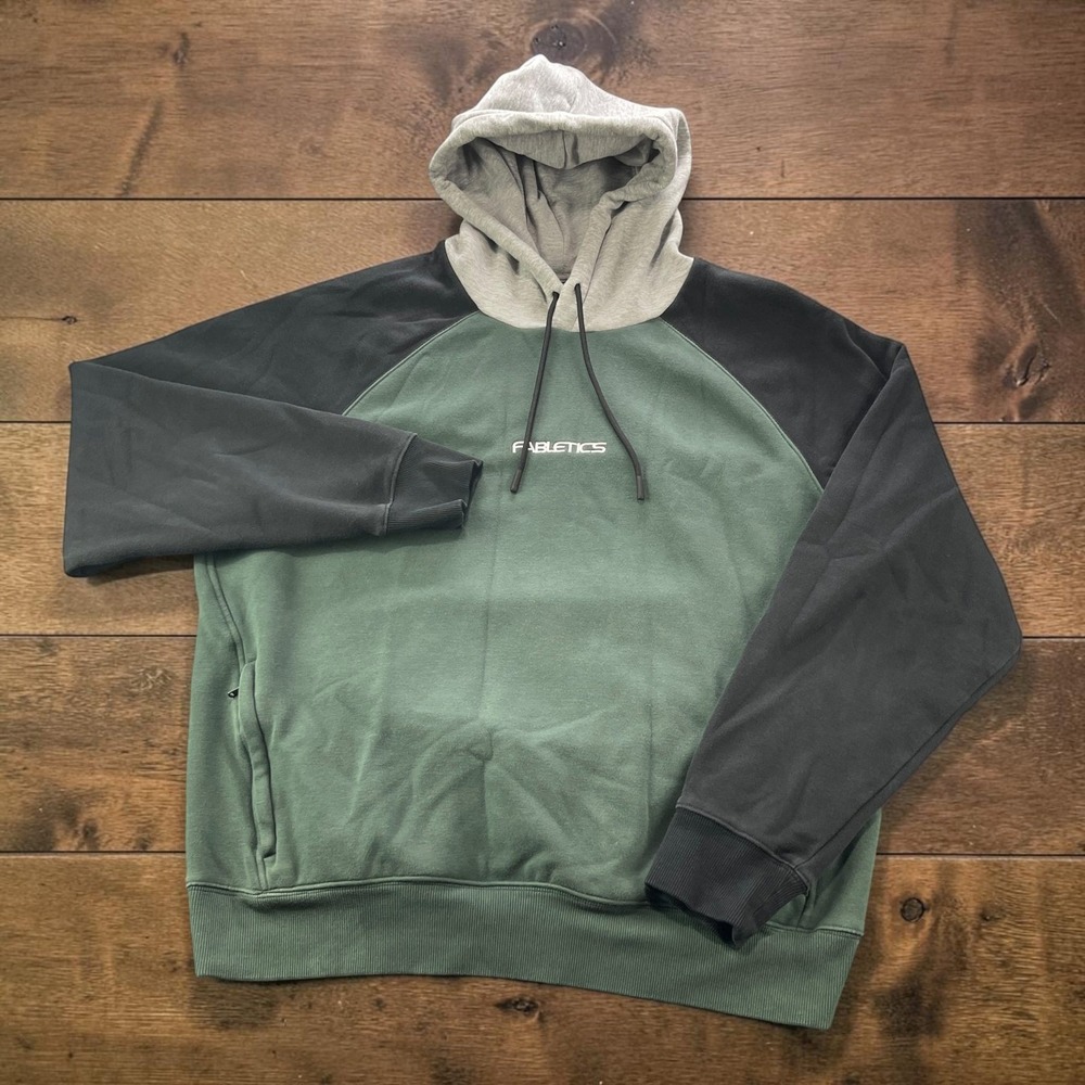 Fabletics Mens Go-To Colorblock Raglan Fleece Pullover Hoodie Green Black XL